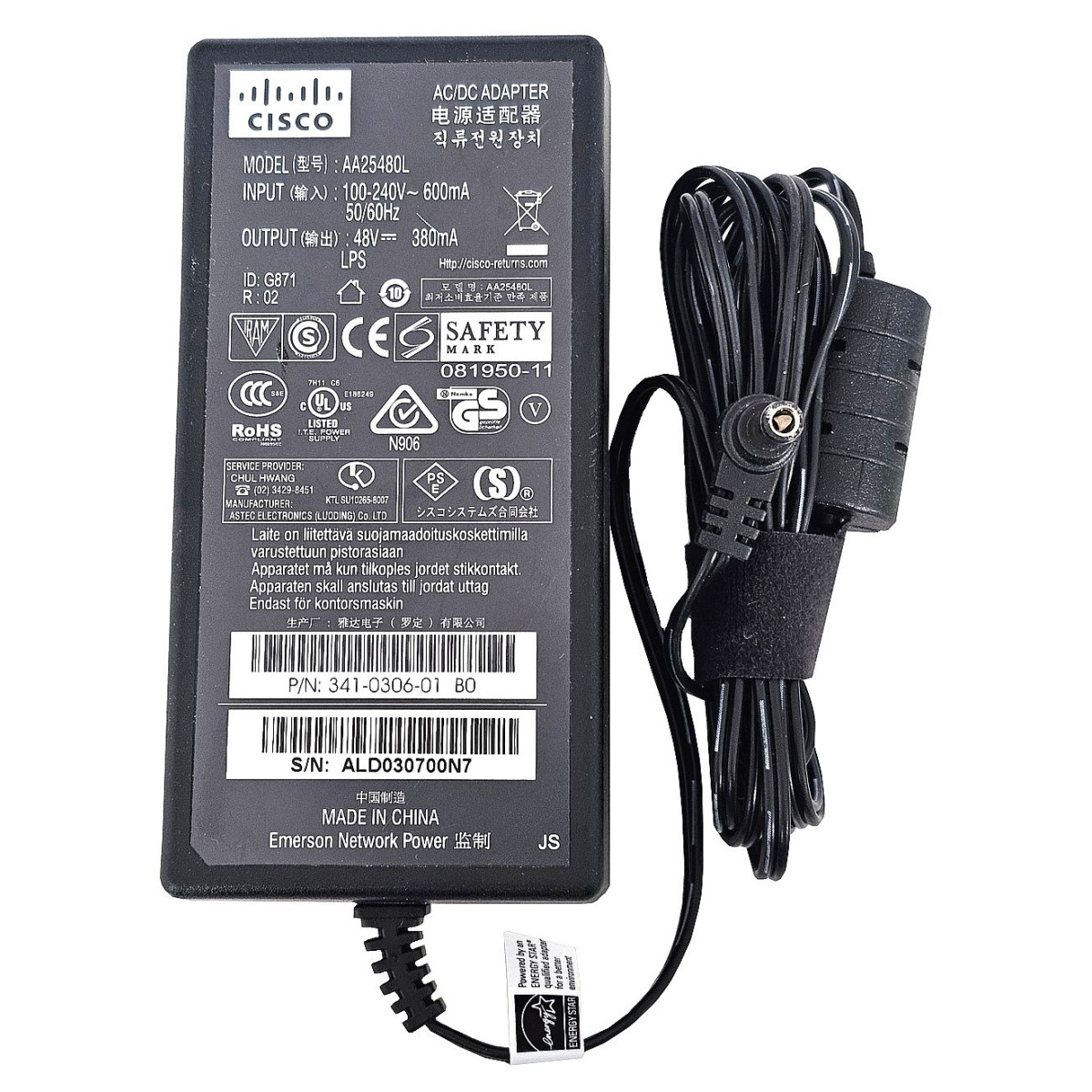 ZASILACZ ŁADOWARKA CISCO 48V 0.38A 182W AA25480L KABEL ZASILAJĄCY