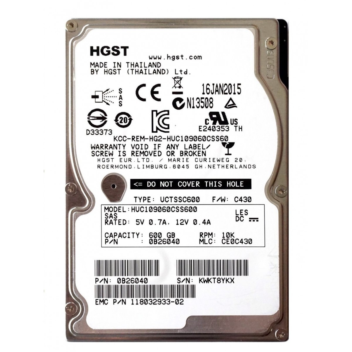 EMC HGST 600GB SAS 10K 6G 2.5 118032933-02