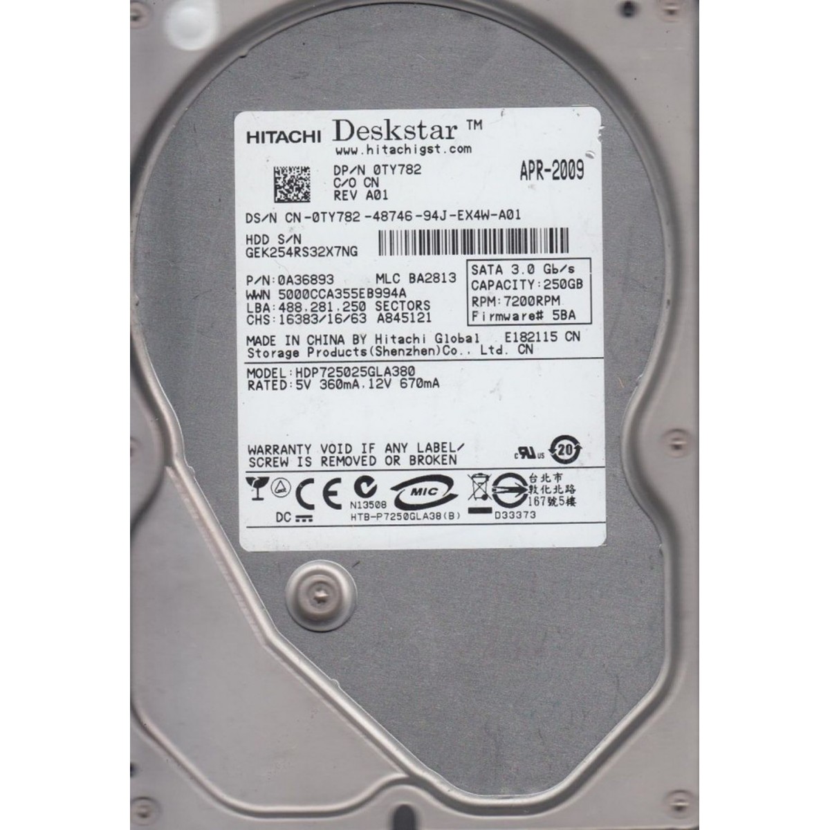 DYSK HITACHI DESKSTAR 250GB SATA 7.2K 3G 0A36893